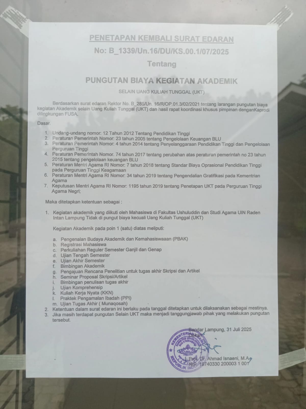 Pasca Dugaan Pungli, UIN RIL Terbitkan Surat Larangan Pungutan Biaya Akademik