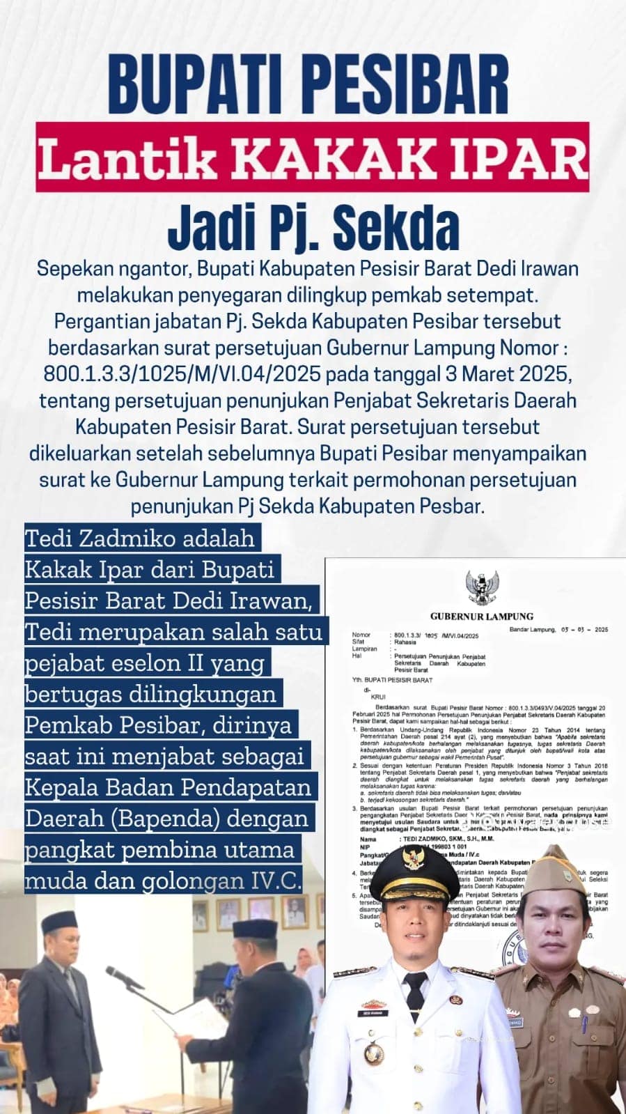 Baru Sepekan Dilantik, Bupati Pesisir Barat Angkat Kakak Ipar Jadi Pj. Sekda