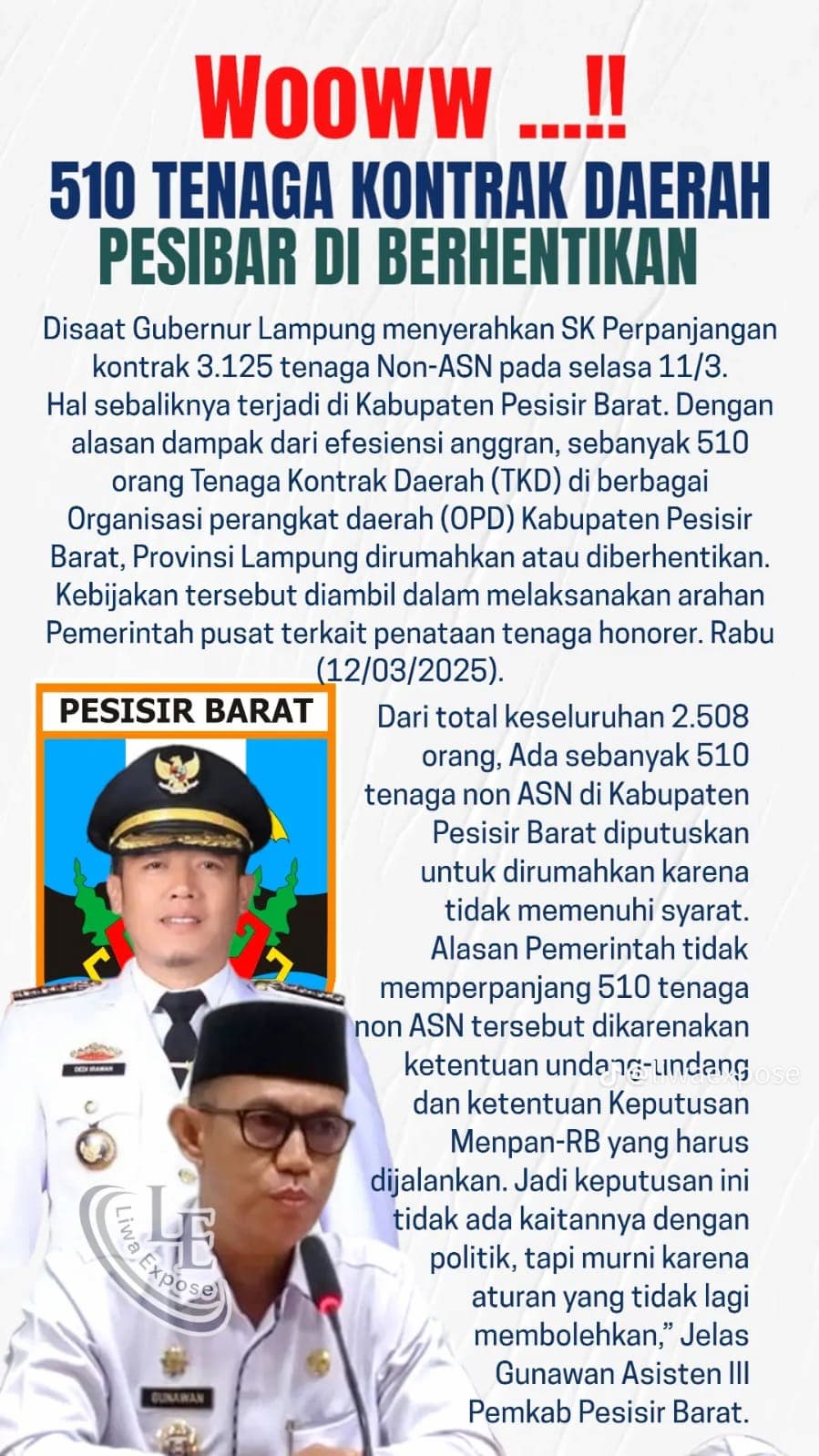 510 Tenaga Kontrak di Pesisir Barat Diberhentikan