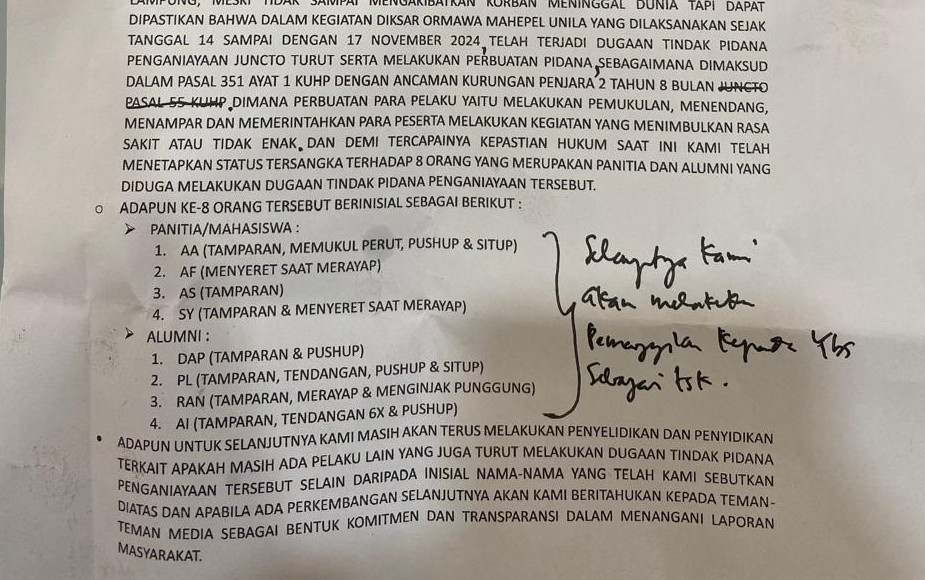 Polda Tetapkan 8 Tersangka Kasus Diksar Unila
