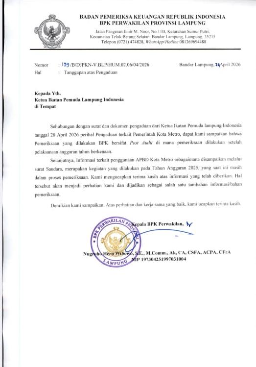 BPK RI Lampung Respon Cepat Laporan IPLI, Pengaduan APBD Kota Metro Masuk Tahap Pemeriksaan