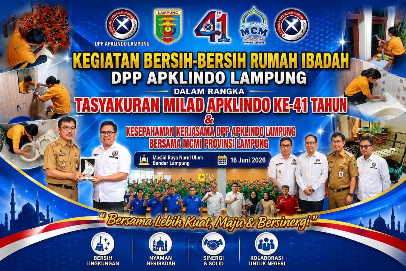 Milad ke-41 Apklindo Lampung Diisi Aksi Sosial Bersih Rumah Ibadah