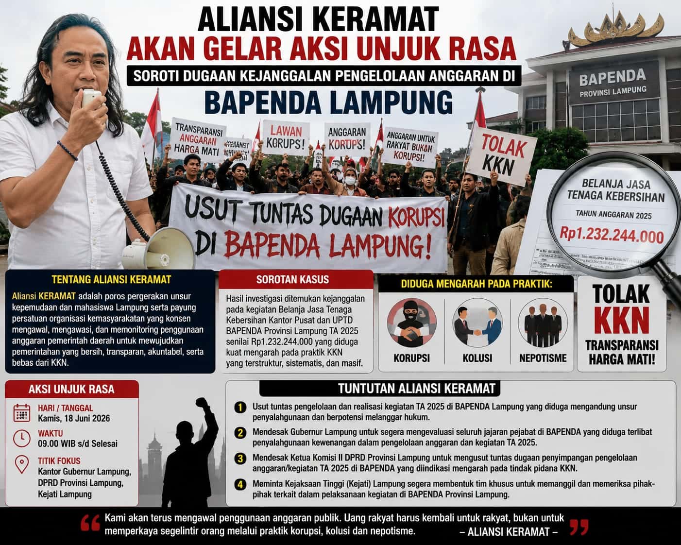 Aliansi KERAMAT Akan Gelar Aksi Unjuk Rasa, Soroti Dugaan Kejanggalan Pengelolaan Anggaran di BAPENDA Lampung