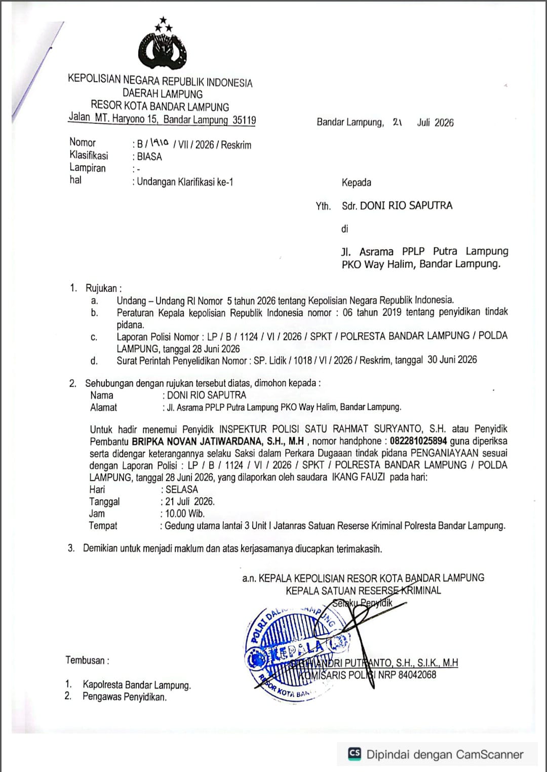 MY Law Office Dampingi Doni Rio Saputra Hadapi Pemeriksaan Kasus Dugaan Penganiayaan