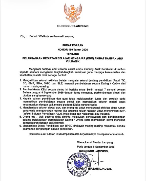 Abu Vulkanik Anak Krakatau, Gubernur Lampung Alihkan KBM ke Daring Mulai 7 September 2026