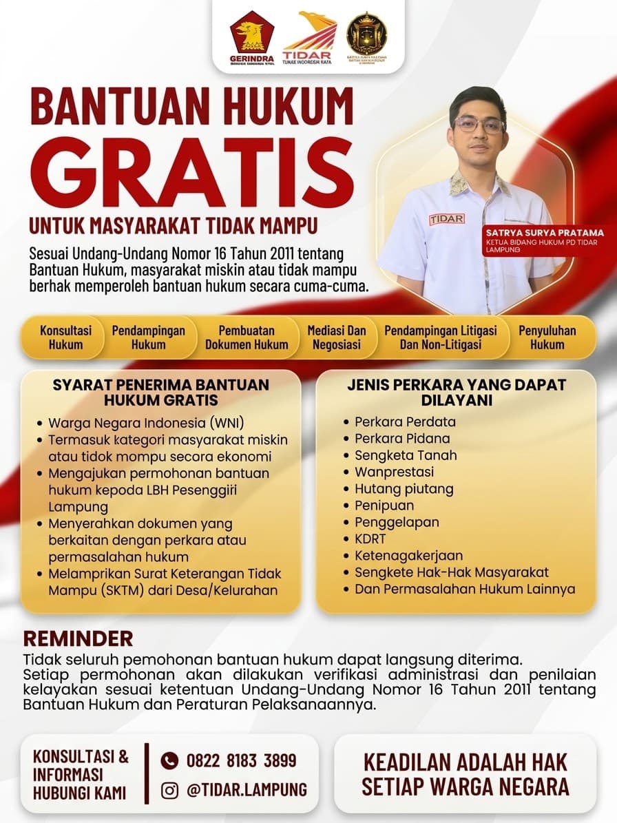 Suara Rakyat Kecil Didengar, TIDAR Lampung Buka Layanan Hukum Gratis