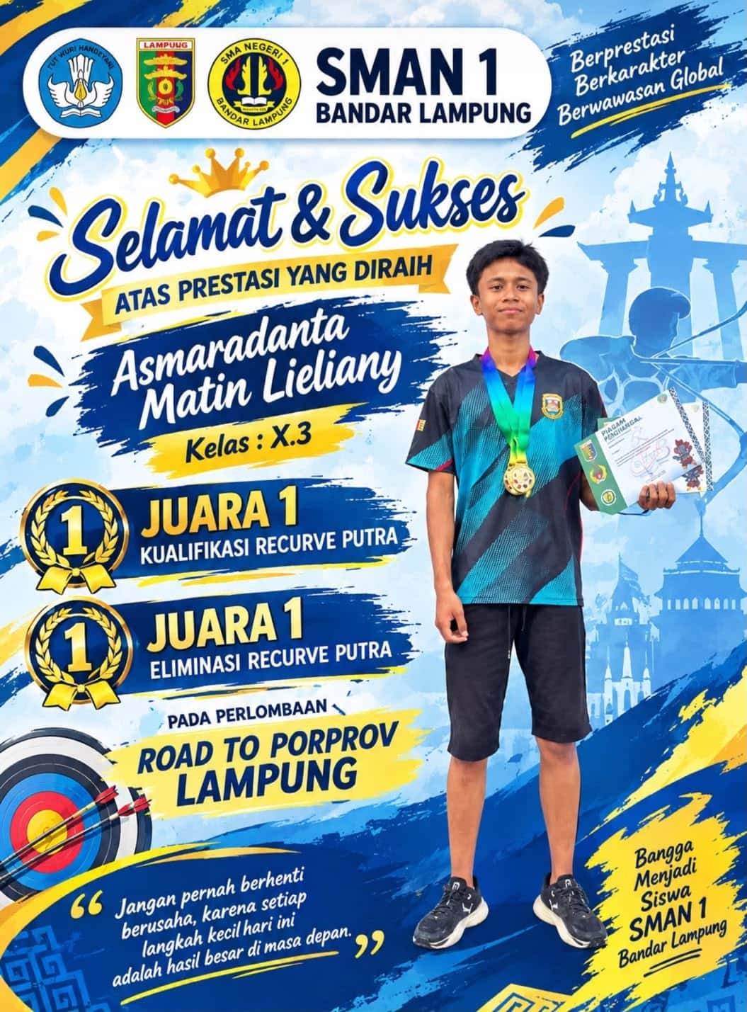 Siswa SMAN 1 Bandar Lampung Asmaradanta Matin Lieliany Juara 1 Panahan, Siap Tatap Porprov Lampung